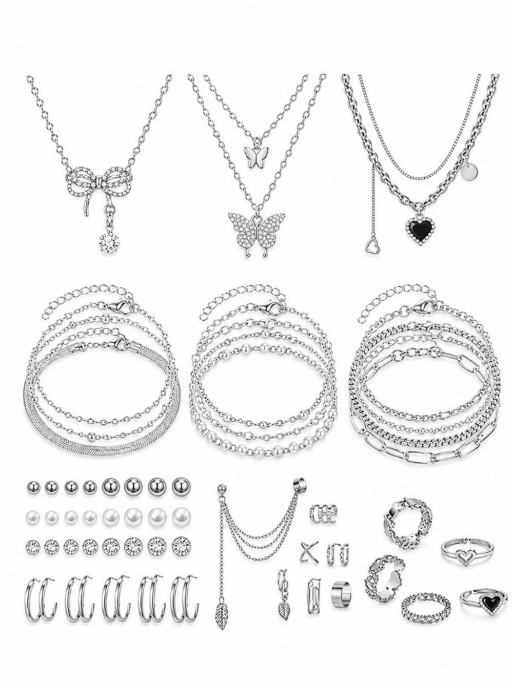 47pcs Gold Jewelry Set With 3 PCS Necklace, 11 PCS Bracelet,20pcs Hoop Stud Earr